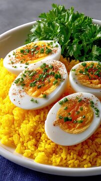 A close-up shot of a white bowl filled with bright yellow rice, topped with halved hard-boiled eggs sprinkled with paprika and chives, garnished with fresh pars
