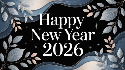Happy new year 2026 celebration greeting with leaves design on black background
