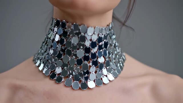 Stylish woman adjusting a fashionable silver sequin statement necklace in studio