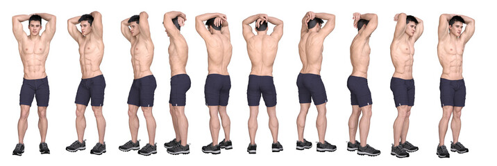3D Render : standing young handsome muscular man character wearing black shorts with hands over head in different angles, isolated, PNG transparent, for graphic resources
