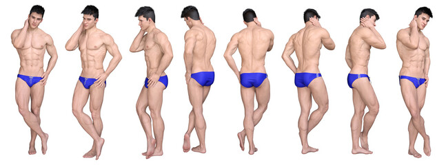 3D Render : standing young handsome muscular man character wearing blue swimming trunks in different angles, isolated, PNG transparent,for graphic resources
