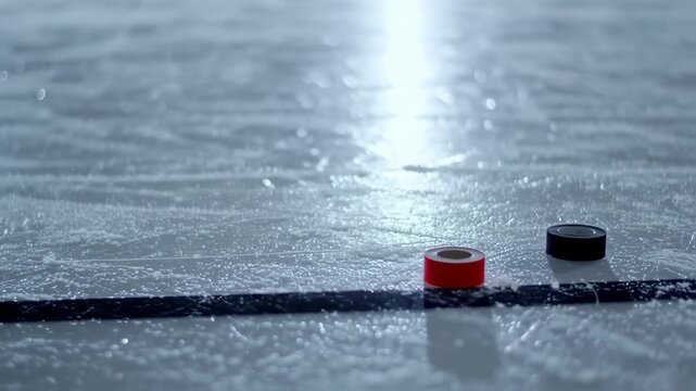 Close-Up of Hockey Stick Hitting Puck on Ice Rink Slow Motion Cinematic Shot - Powered by Adobe
