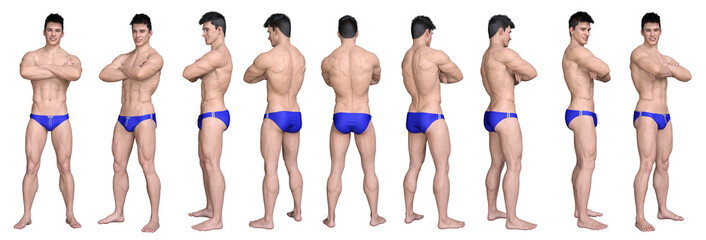 3D Render : standing young handsome muscular man character wearing blue swimming trunks  and cross his arms in different angles, isolated, PNG transparent