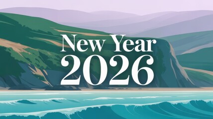 Happy new year 2026 greeting concept along the coast with sea background