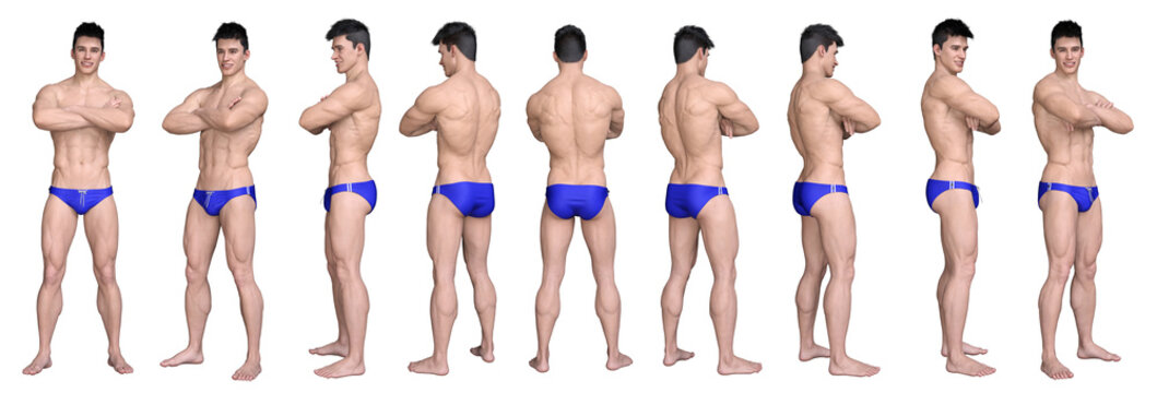 3D Render : standing young handsome muscular man character wearing blue swimming trunks  and cross his arms in different angles, isolated, PNG transparent