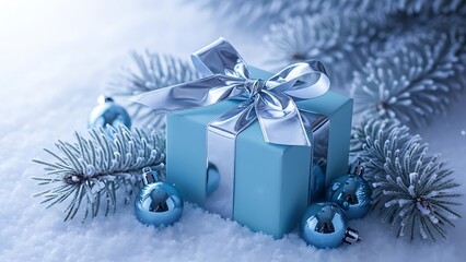 Elegant blue gift box with a silver bow resting in the snow with festive ornaments and fir branches