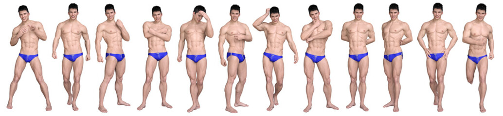 3D Render : front view of young handsome muscular man character wearing blue swimming trunks in different action, isolated, PNG transparent, for graphic resources