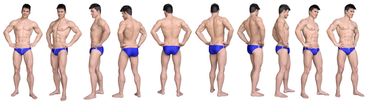 3D Render : standing young handsome muscular man character wearing blue swimming trunks  and hands on hips in different angles, isolated, PNG transparent,for graphic resources