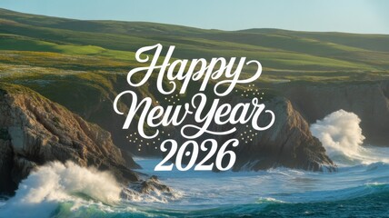 Happy new year 2026 scenic ocean view with waves crashing on rocks