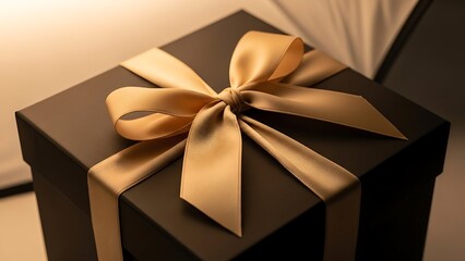 Elegantly Wrapped A Black Gift Box Adorned with a Luxurious Gold Ribbon and Bow