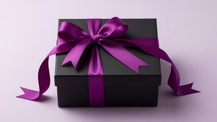 Elegantly wrapped black gift box with a luxurious purple ribbon, symbolizing thoughtful preparation and the joy of a special occasion or celebratory surprise