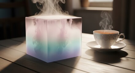 Illuminated cubic humidifier emits colorful vapor beside a steaming teacup on a wooden surface