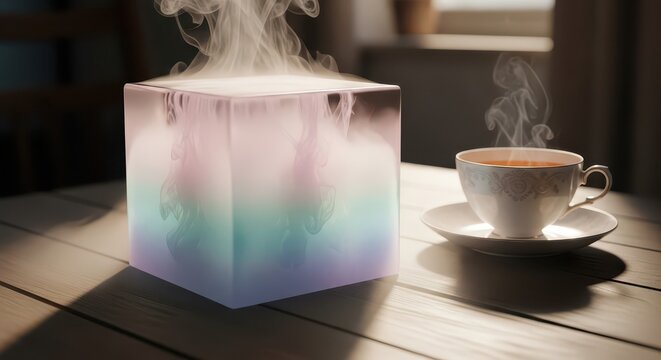 Illuminated cubic humidifier emits colorful vapor beside a steaming teacup on a wooden surface