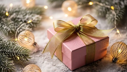 A Festive Pink Gift Box with Ribbon and Winter Decorations