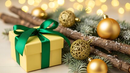 Festive Holiday Gift Box with Green Ribbon and Golden Christmas Decorations, Surrounded by Fir Branches and Warm Bokeh Lights