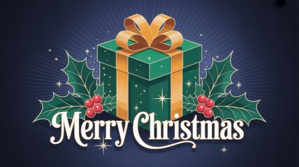 Holiday christmas gift box design with ribbon and holly leaves on blue background