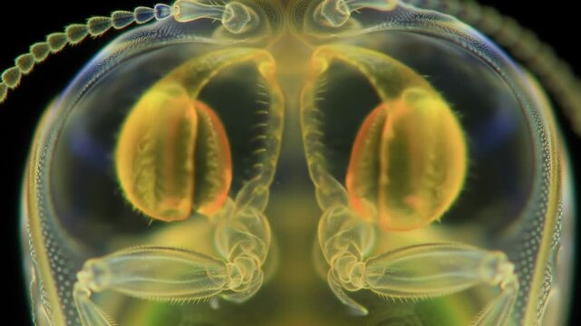 Microscopic view of insect head showcasing anatomy and its structure with a black background. Educational use
