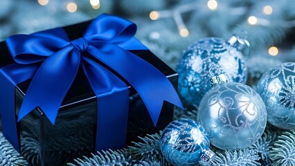 Luxurious blue satin bow on a holiday gift box surrounded by shimmering silver ornaments and festive bokeh lights