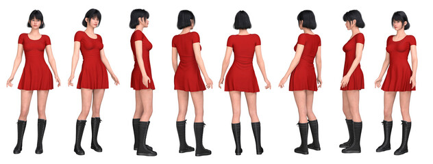 3D Render : standing young pretty woman character wearing red skirt dress in different angles, isolated, PNG transparent ,for graphic resources