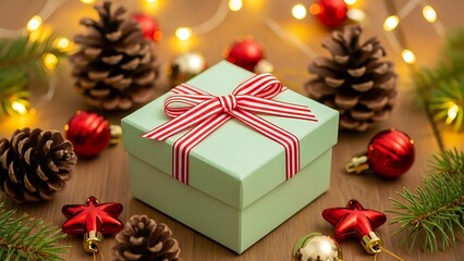 Festive holiday gift box with a striped ribbon, surrounded by natural pine cones, red ornaments, and twinkling lights on wood, capturing the joy of Christmas
