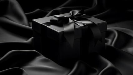 Elegant Black Gift Box Tied with a Satin Ribbon on a Dark, Flowing Fabric Surface
