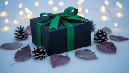 Holiday Gift Box with Green Ribbon and Decorations on a Snowy Surface