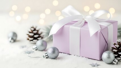Gift Box with Ribbon, Baubles, and Pine Cones for Festive Celebrations
