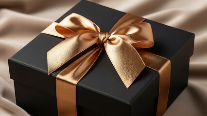 Luxurious black gift box tied with a shiny satin gold ribbon, perfect for special occasions