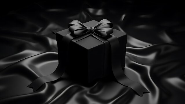 Elegant black gift box wrapped with a satin ribbon and bow, resting on luxurious dark silk fabric, evoking a sense of mystery, sophistication, and exclusive celebration