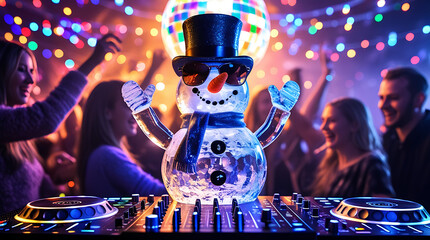 DJ Snowman Christmas Party Scene – Festive Holiday Nightlife Artwork