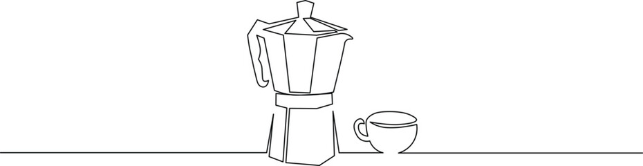 Minimalist line art of Italian moka pot and coffee cup for modern cafe branding and product design, perfect for coffee lovers and stylish kitchen decor
