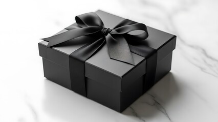 An elegant black gift box tied with a luxurious satin ribbon bow, presented on a sophisticated white marble surface for a special celebration
