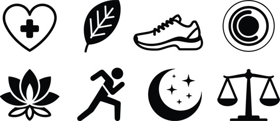 Collection Of Eight Black Icons Representing Health And Wellness Keywords: icon, health