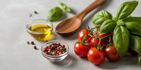 Fresh ingredients for italian cooking with tomatoes and basil