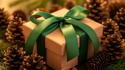Elegant holiday gift box with green ribbon, surrounded by natural pine cones and evergreen, perfect for Christmas and festive season celebrations