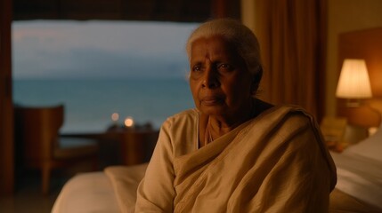An elderly woman sits quietly in a cozy hotel room, gazing out towards the calm sea as twilight falls. Soft lighting creates a warm atmosphere while she appears lost in thought