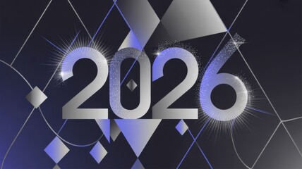 Illustration of sparkling year 2026 with abstract geometric shapes in silver