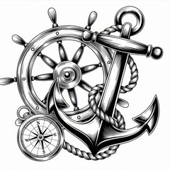 Detailed nautical illustration featuring a ship wheel, anchor, rope, and a compass in black and white