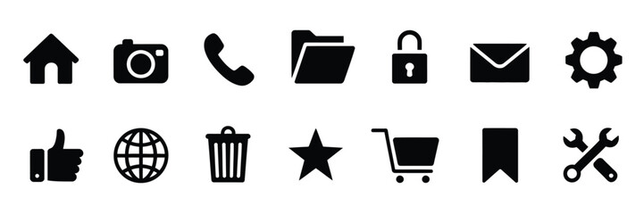 Web communication icons, showing home, chat, email, phone, globe, address, and search elements in minimal vector style suitable for website navigation and contact page graphics