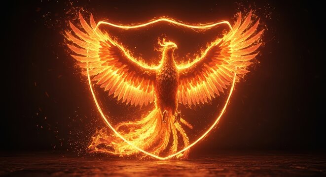 Mythical fiery bird emblem glows intensely within a protective shield outline