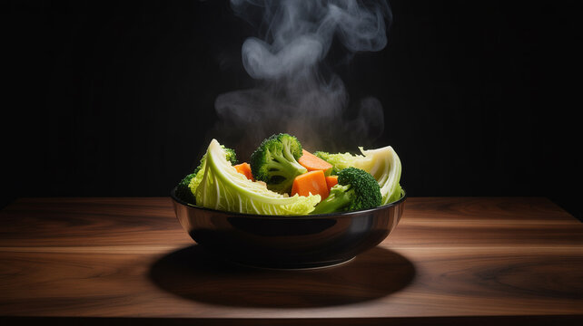 Steaming fresh vegetables in a bowl on a wooden table - Powered by Adobe