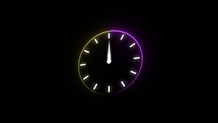Black clock face with glowing yellow and purple neon outline and white hour markers showing twelve oclock