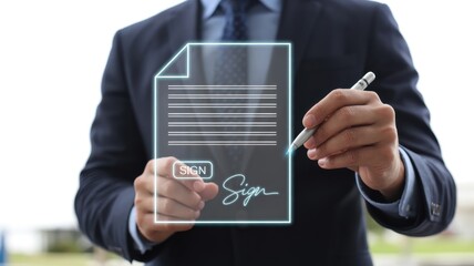 Professional using stylus to finalize digital contract agreement with electronic signature
