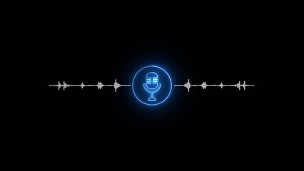 Blue neon microphone icon with white sound wave equalizer on black background audio