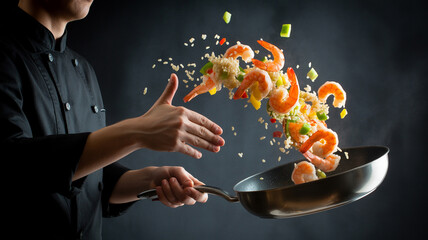 Chef tosses shrimp and vegetables in a wok with dramatic flair