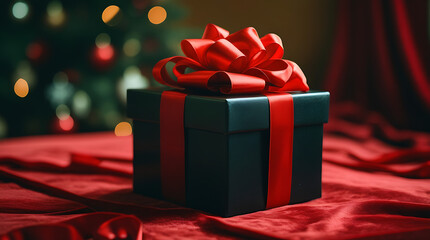 Black Gift Box with Red Ribbon – Elegant Christmas Present Photography