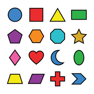 Colorful Basic Geometric Shapes Collection with Black Outlines.
