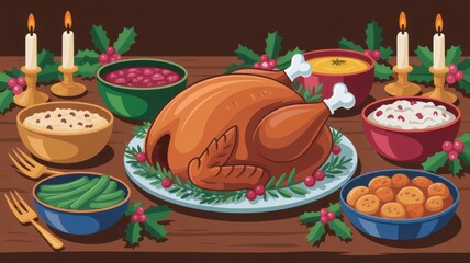 Thanksgiving day dinner with turkey and side dishes on wooden table