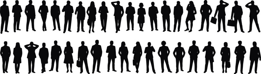 Large collection of business people silhouettes, diverse corporate crowd of men and women standing, professional team vector set