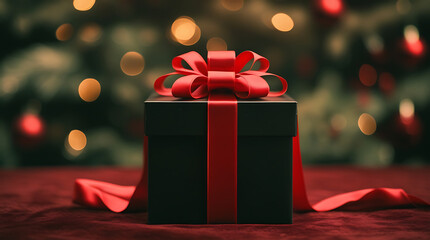 Black Gift Box with Red Ribbon – Elegant Christmas Present Photography
